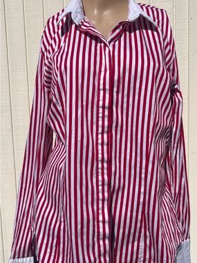 New York & Company Red Stripe Button Down Shirt | 7th Avenue Design Studio L